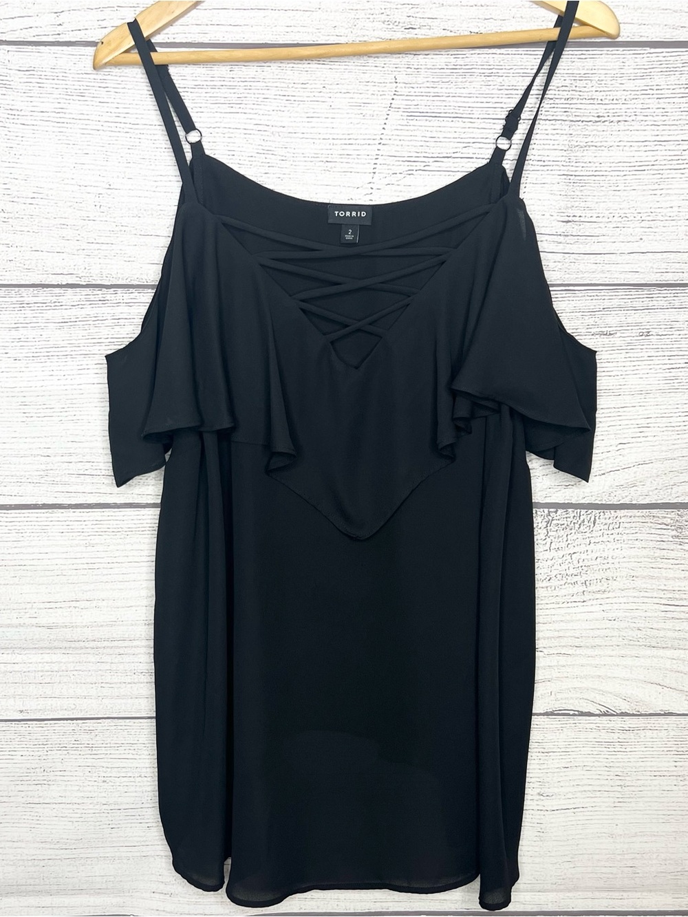 Torrid Black Cold Shoulder Criss Cross Front Ruffled Flowy Blouse Top Size 2X